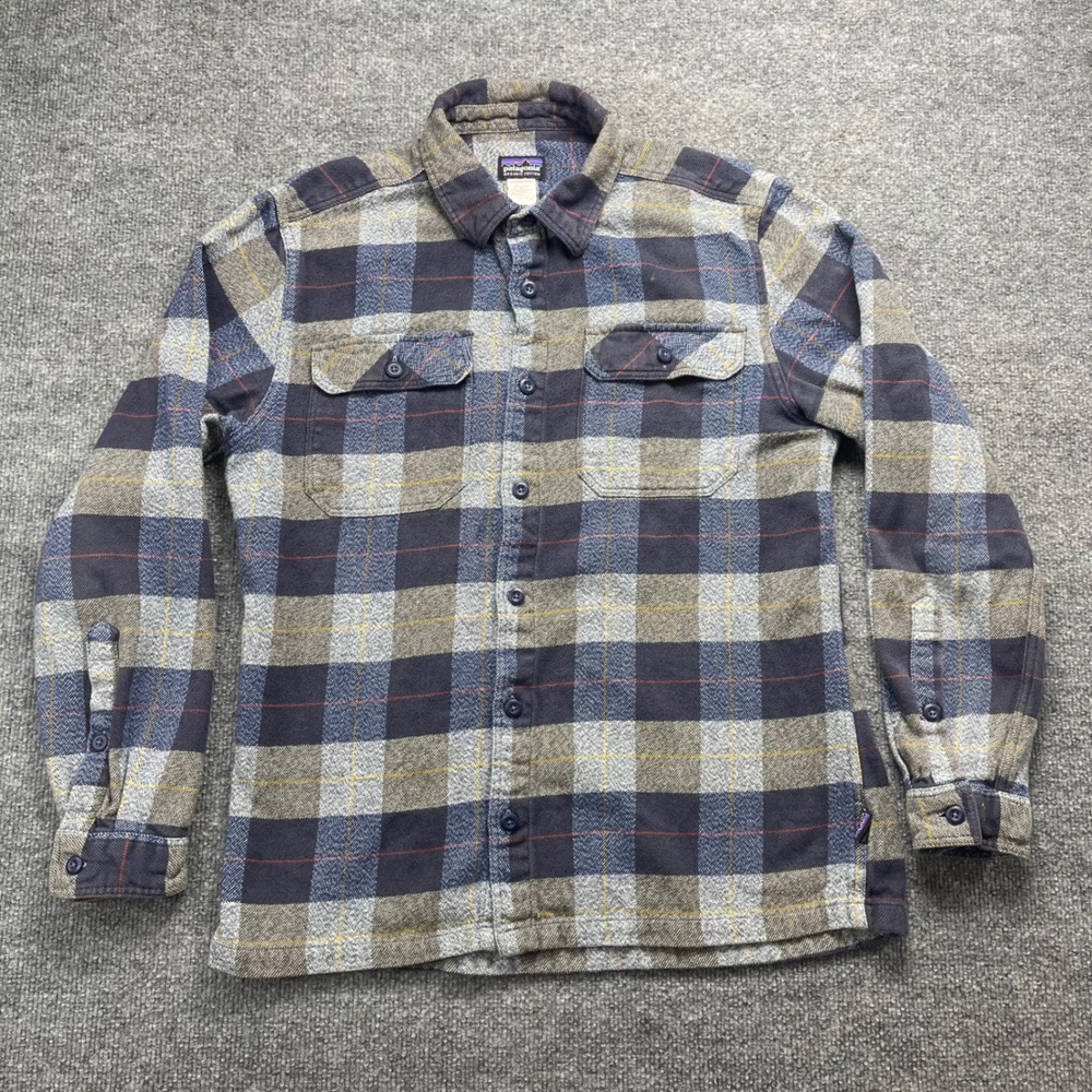 Patagonia Mens Fjord Flannel Shirt Organic Cotton Blue Grey Plaid Size M
